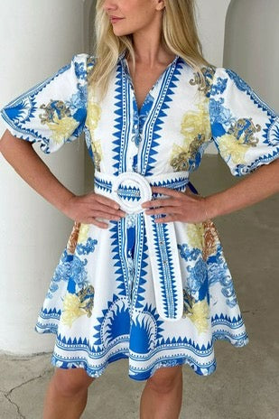 blue and white dress